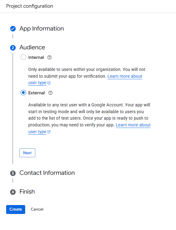 Project configuration screen showing Internal vs External audience selection.